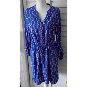 Crown & Ivy‎ Seahorse Print Blue Pink Dress Tie Waist Roll Tab Sleeves Sz 12 NEW